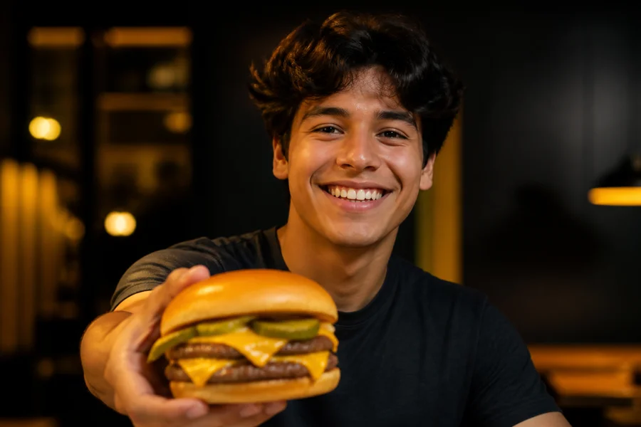 Persona sonriendo con su hamburguesa RestauranteApp
